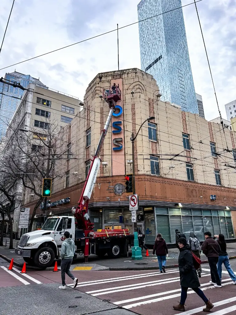 ROSS vertical channel letters serviced from a boom truck in Seattle